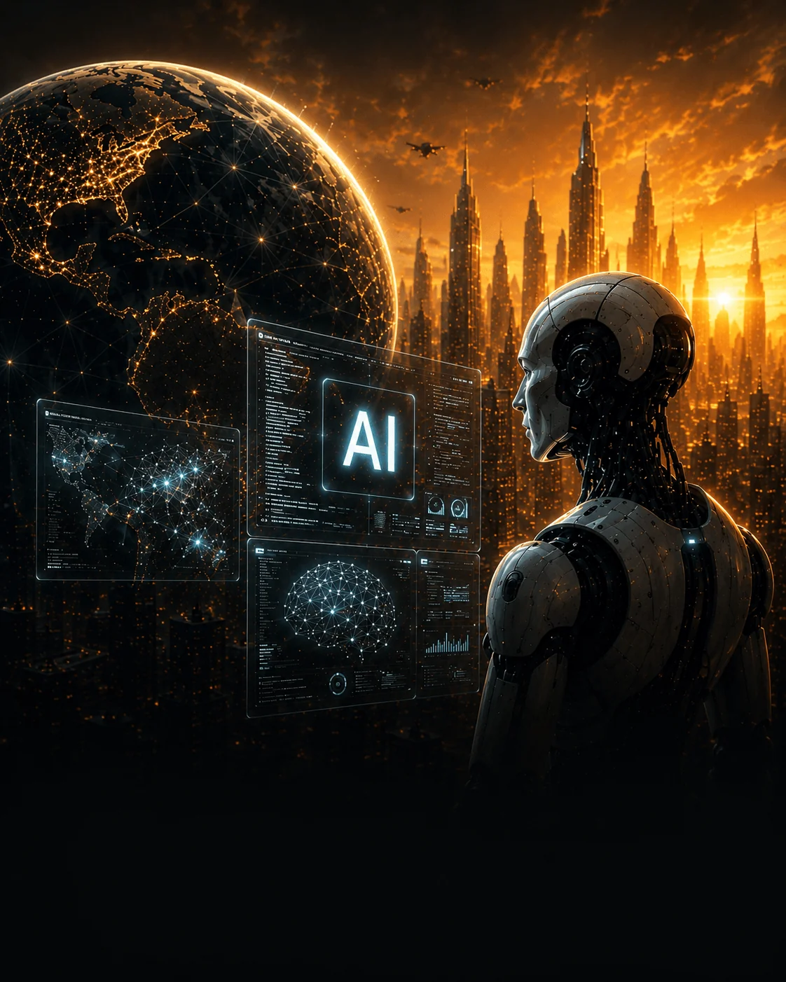 A humanoid AI studying glowing data panels above a night city