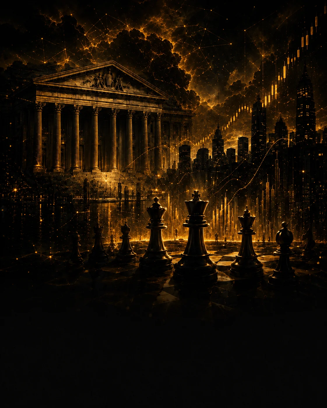 Chess pieces before a classical bank facade lit in gold