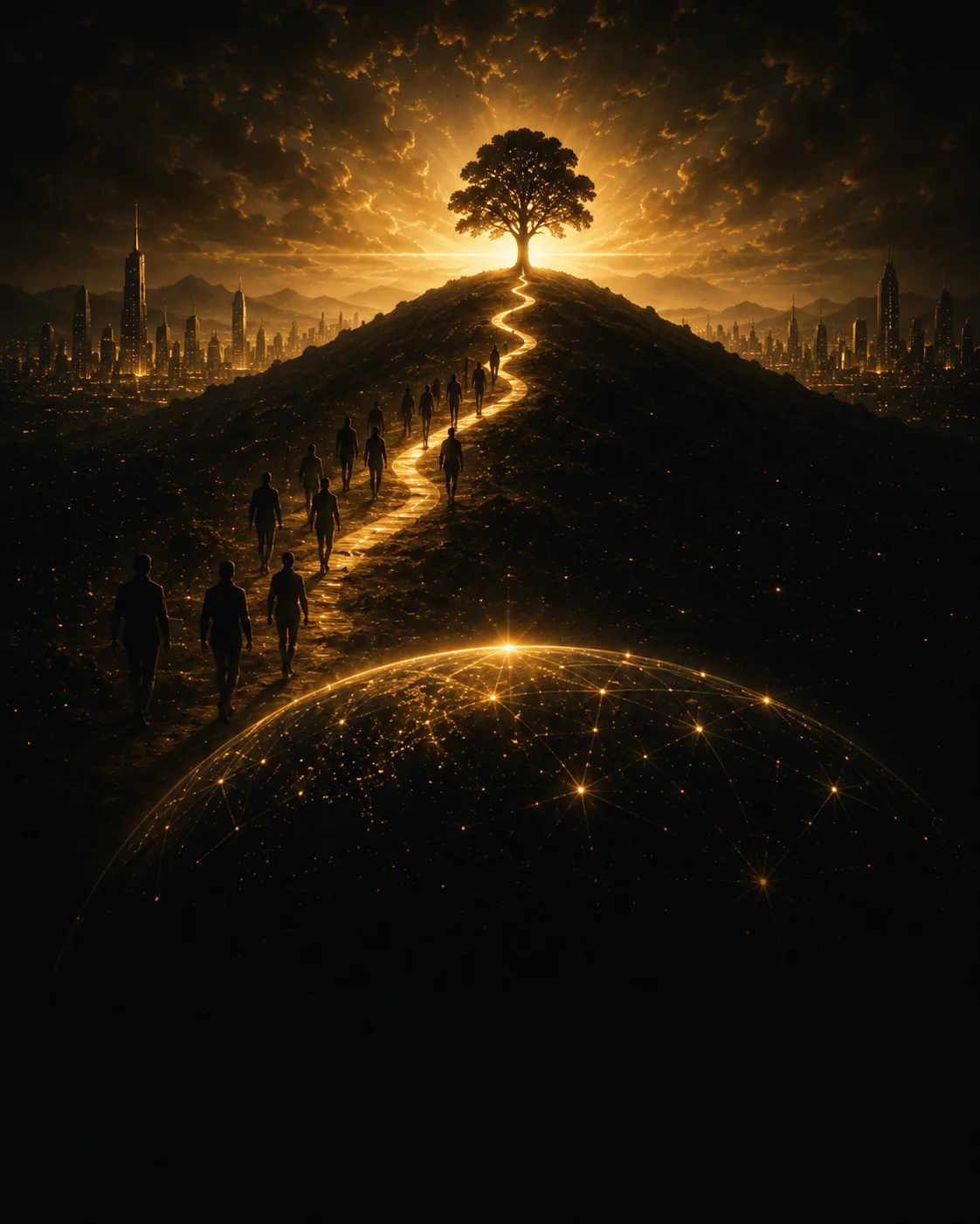Figures walking a lit path toward a tree on a hill at dawn